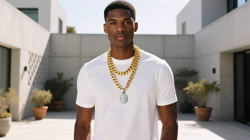 Man wearing a layered 20-inch 14k gold Cuban chain and 24-inch silver pendant over a white crewneck t-shirt outdoors