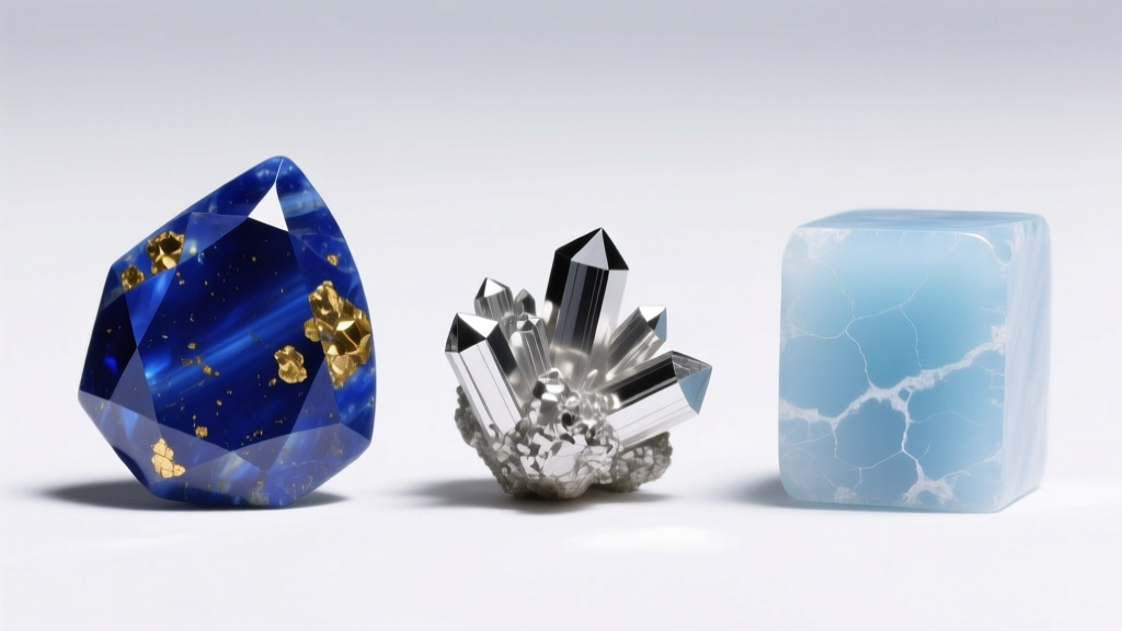 Macro comparison of genuine lapis lazuli with pyrite next to dyed howlite lacking metallic flecks under bright studio lighting.