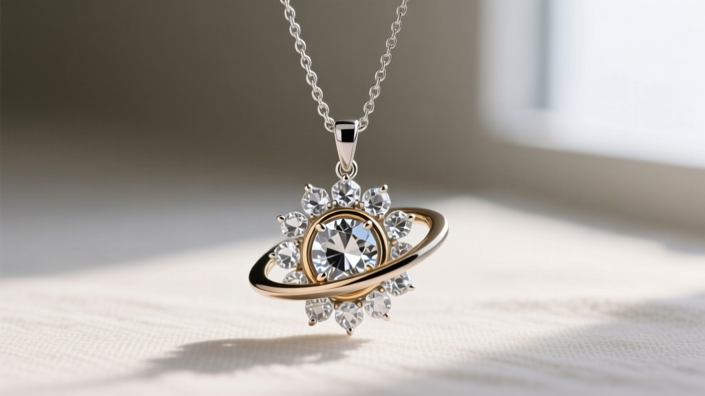 Detailed front view of a rhodium-plated brass Saturn orb pendant with clear cubic zirconia crystals on a delicate 18-inch chain.