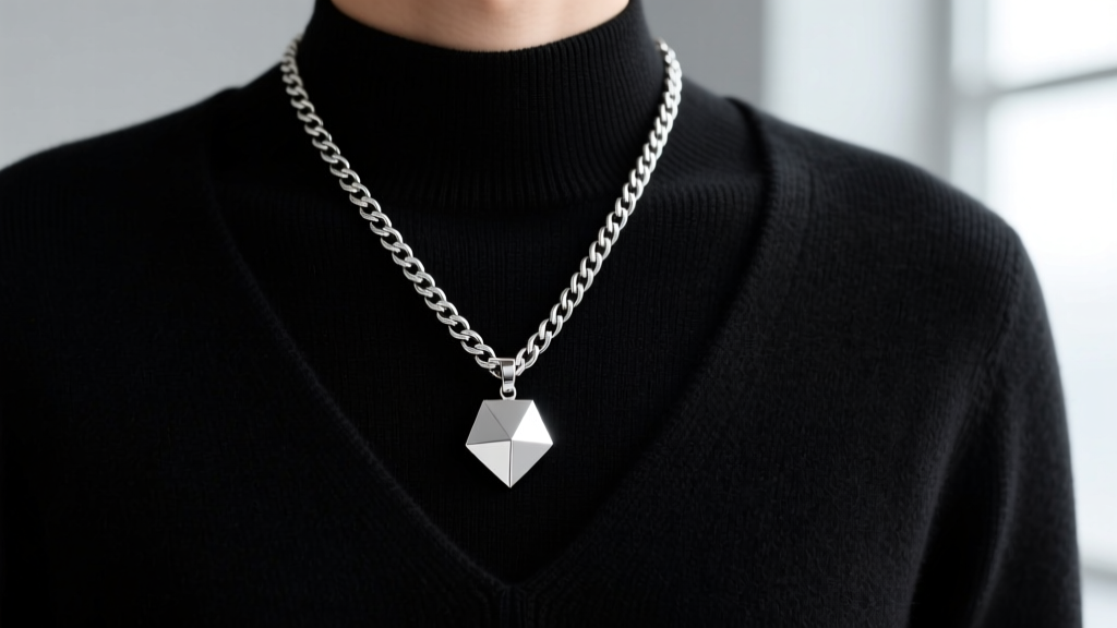 Close-up of a 20-inch sterling silver figaro chain paired with a 20mm geometric pendant over a black V-neck cashmere sweater.