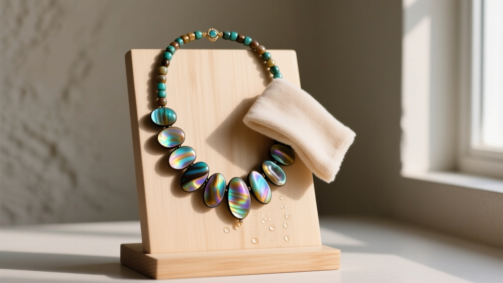 Vibrant shell heishi necklace being gently wiped with a damp microfiber cloth on a light wooden display stand under soft light.