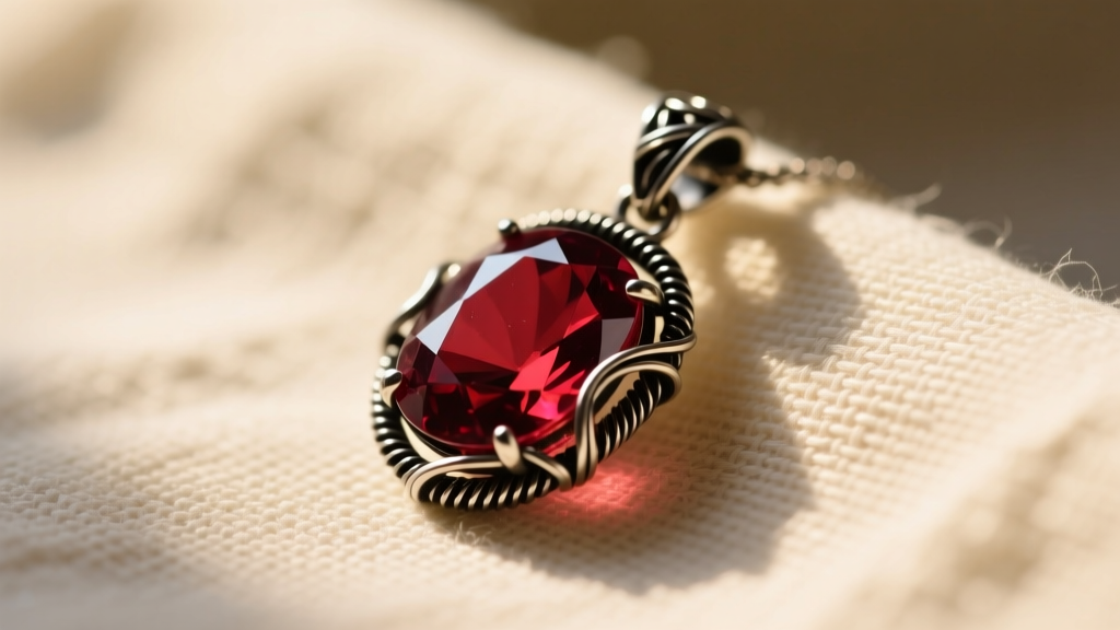 Raw almandine garnet pendant wrapped in oxidized silver wire, resting on textured linen fabric under warm, directional sunlight.