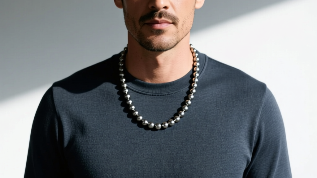 Man wearing a 22-inch matte titanium bead necklace, showing ideal drape and lightweight fit against a dark cotton crewneck shirt.