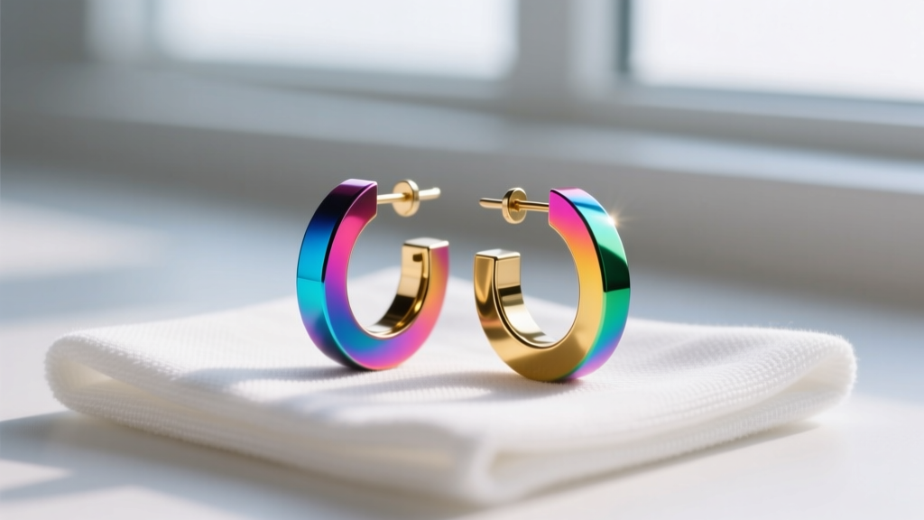 Anodized titanium rainbow hoop earrings on a microfiber cloth, lit by soft light to highlight the vibrant iridescent finish.