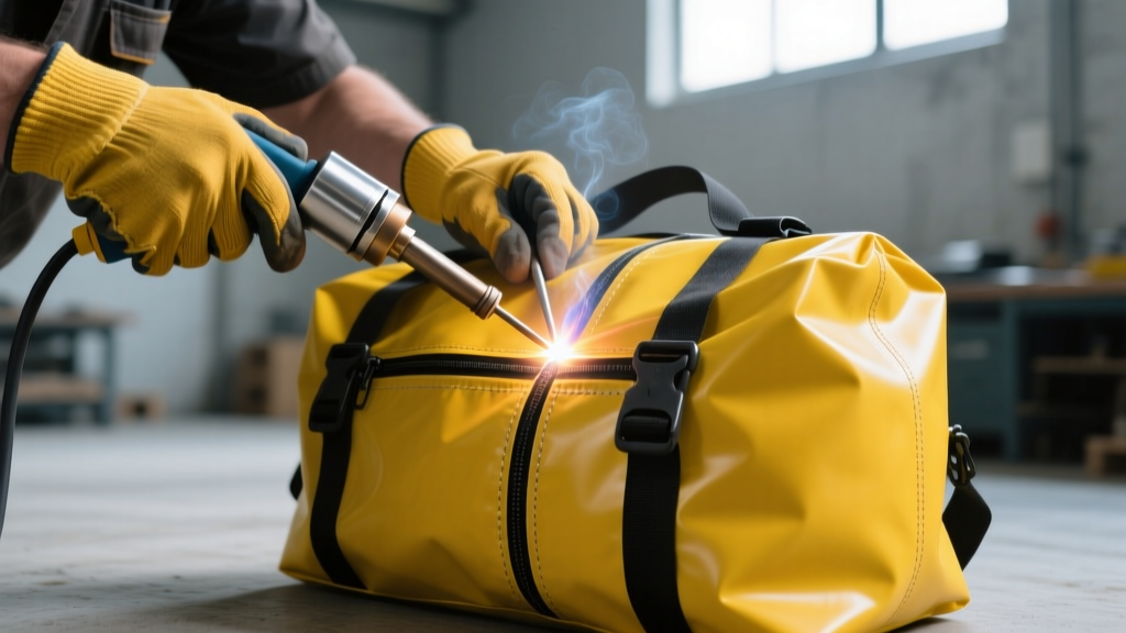 Close-up of a technician using a hot air welder to seal TPU-coated polyester seams on a heavy-duty yellow construction dry bag