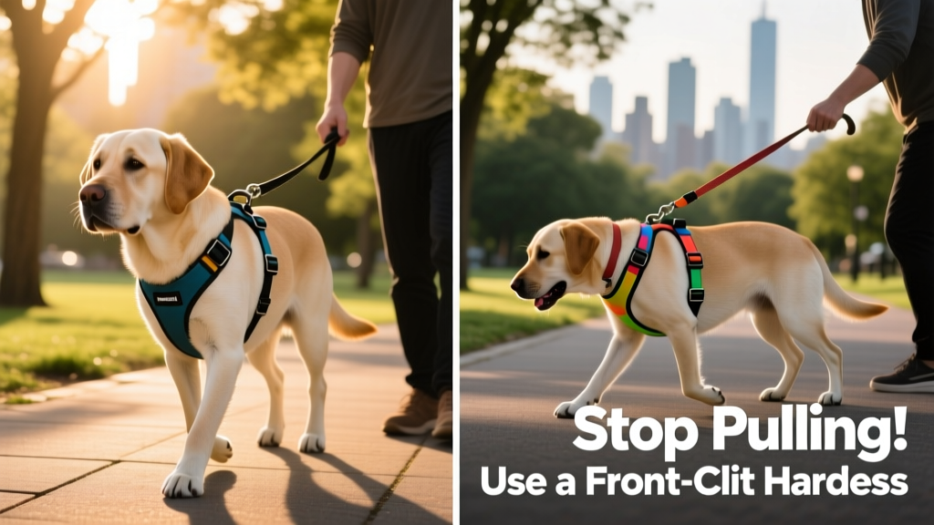 Side-by-side comparison showing correct front-clip harness use versus improper collar attachment for leash walking