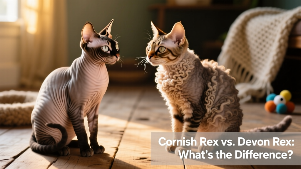 Close-up comparison of Cornish Rex and Devon Rex fur texture, showing fine velvety waves versus looser, springy curls