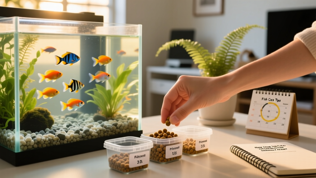 Hand placing pre-portioned fish food into small labeled containers next to a clean, well-maintained aquarium
