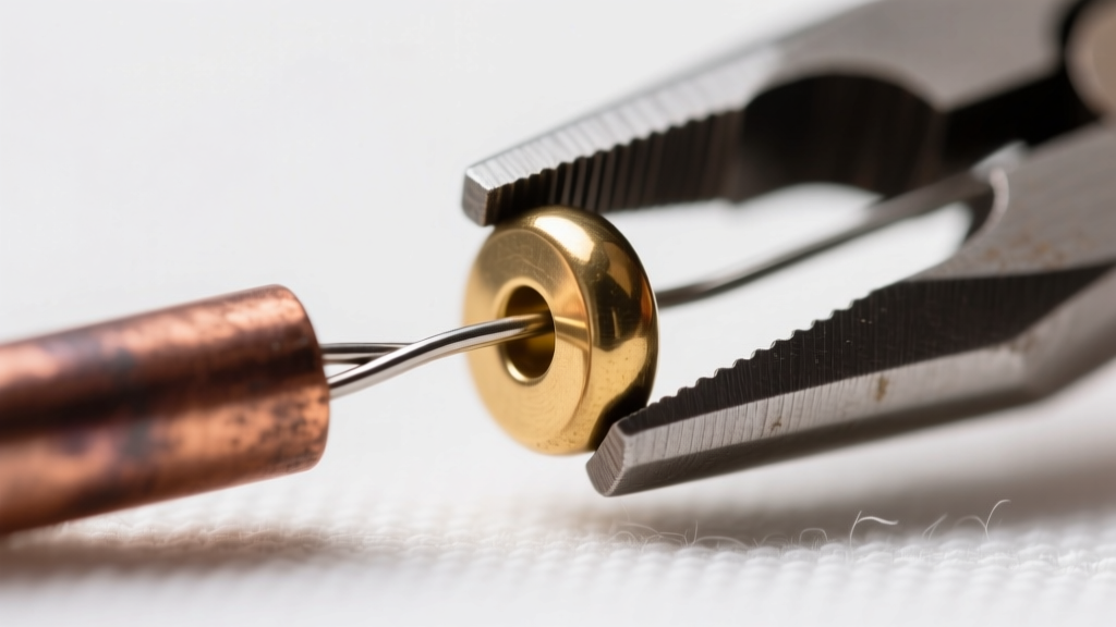Close-up of steel beading wire through a 2mm brass rondelle bead, showing a copper crimp tube compressed by flat-nose pliers.