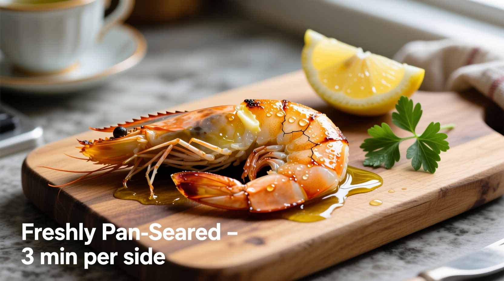 Perfectly cooked pan-seared shrimp with lemon garnish