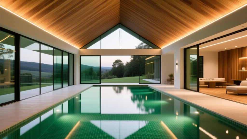 Luxurious indoor gunite pool with glass walls, cedar sloped ceiling, and LED lighting reflecting on the calm water surface