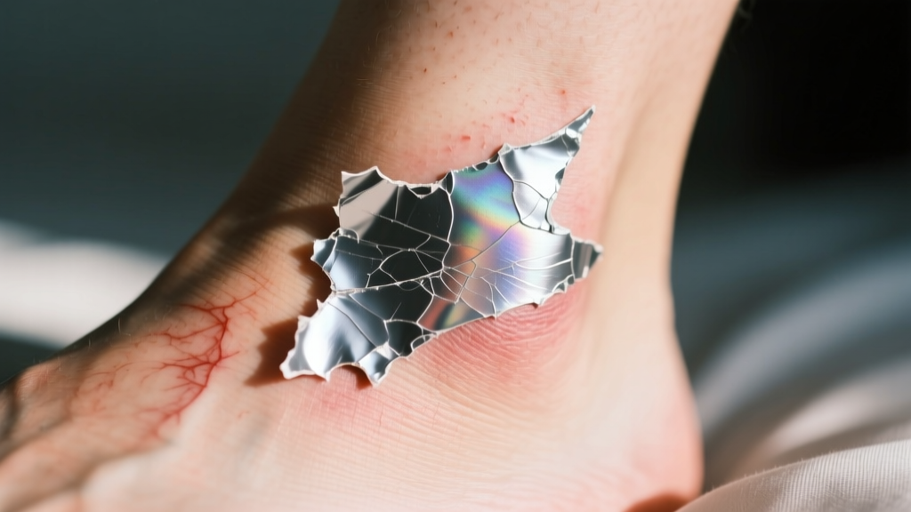 Macro shot of a peeling metallic flash tattoo on an ankle, showing flaking adhesive edges against slightly red and irritated skin.