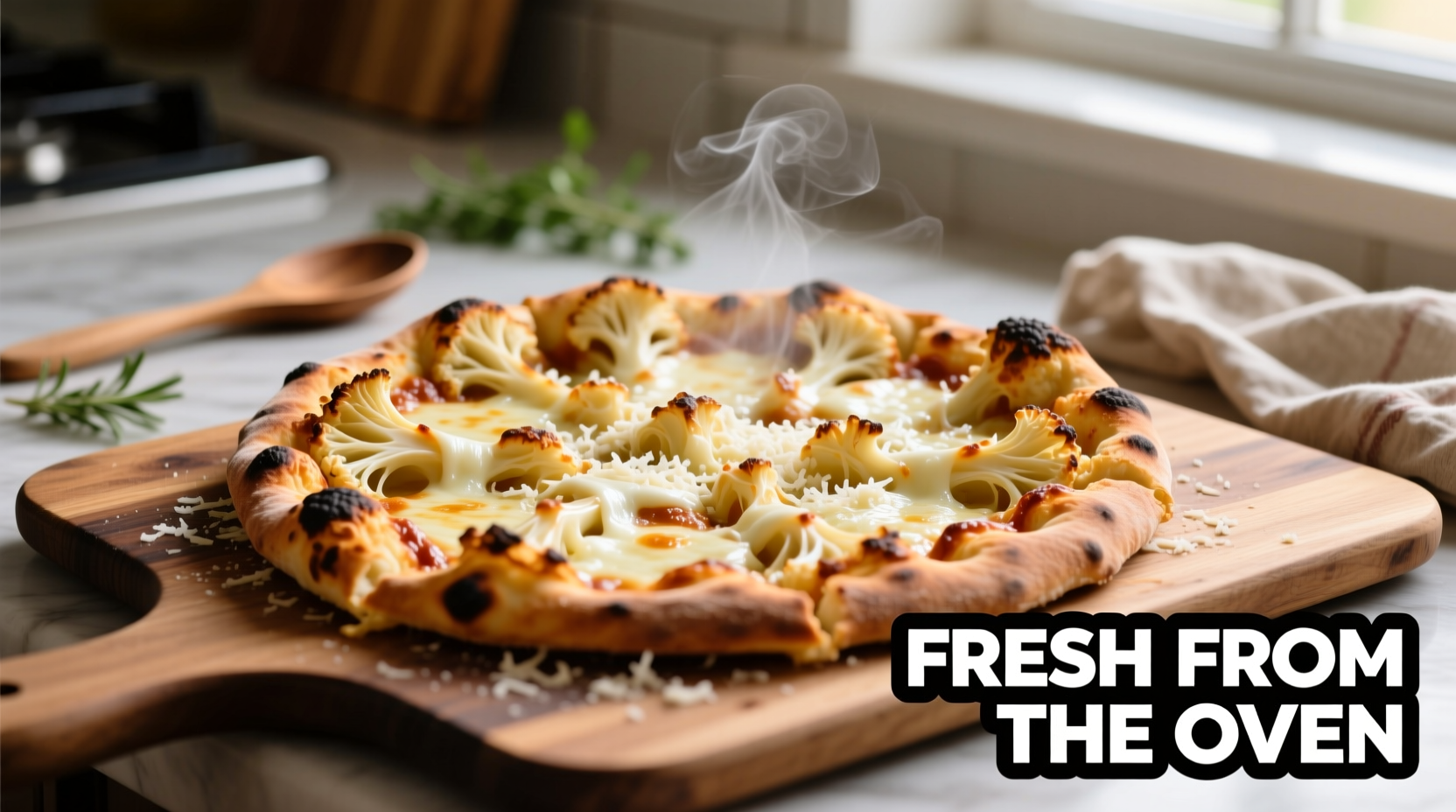 Frozen cauliflower crust pizza on baking sheet