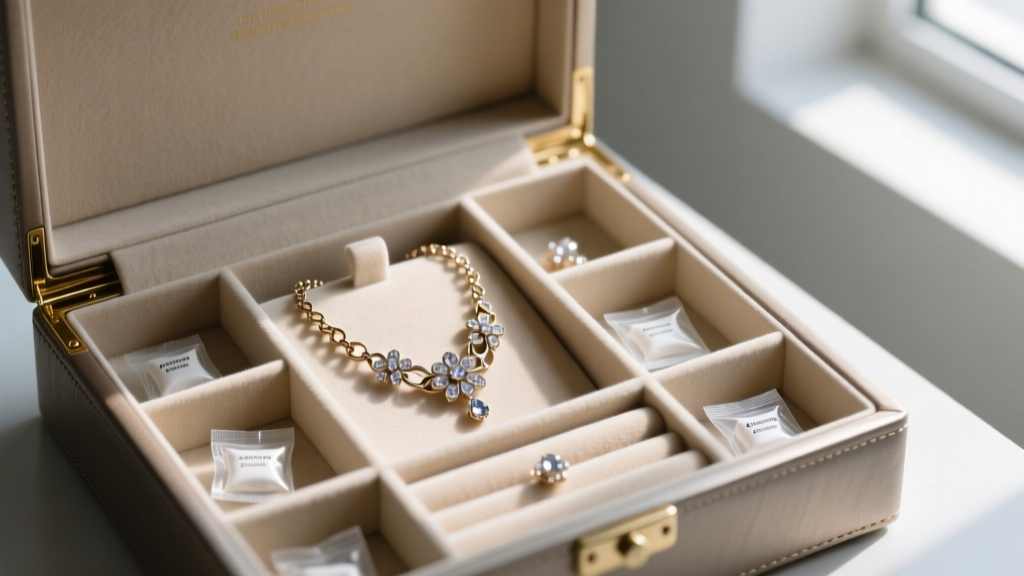 Fabric-lined jewelry box with compartments holding a delicate floral chain necklace and small silica gel desiccant packets.