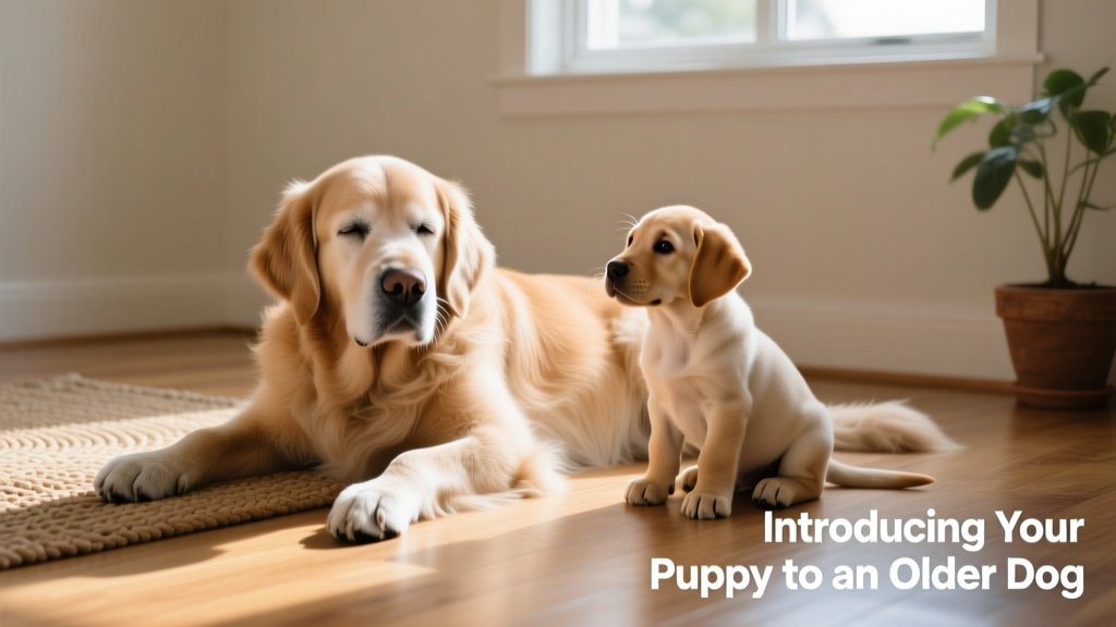 A relaxed older dog lying calmly beside a playful but respectful puppy indoors