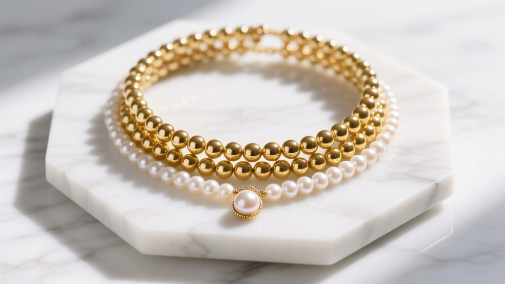 Flat lay of a gold-filled beaded necklace glasses holder layered with a delicate pearl pendant necklace on a white marble surface