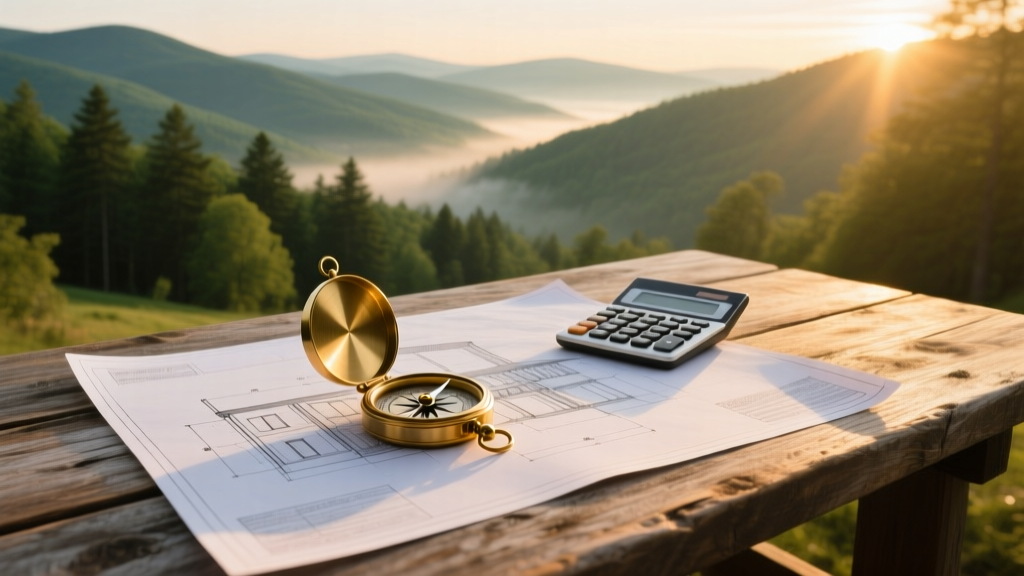 Blueprints on a rustic wood table with a calculator and brass compass overlooking a lush Pennsylvania mountain landscape at sunrise