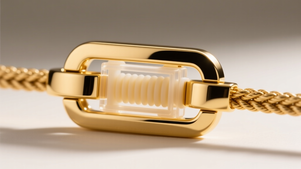 Close-up of an adjustable 18k gold friction slider clasp on a rope chain, revealing the internal silicone grip mechanism.