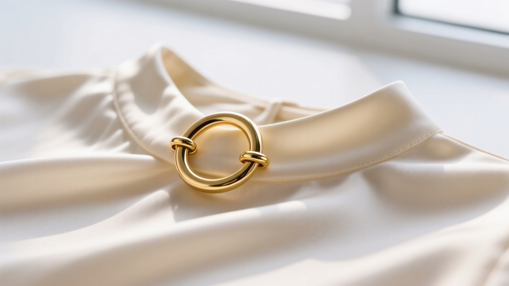 Macro shot of a smooth bezel-set gold lariat clasp on a silk boat neck dress, avoiding snags on delicate fabric threads
