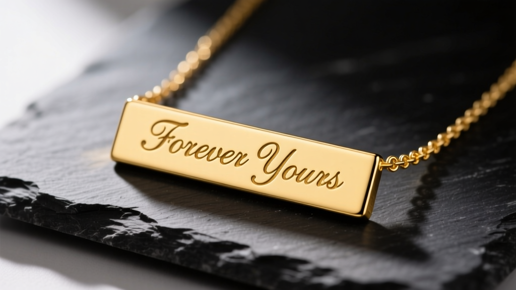 Close-up of a polished 14k yellow gold engravable bar necklace resting on dark slate, showing crisp laser-etched cursive text
