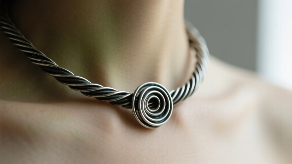 Macro shot of a 20-gauge oxidized sterling silver wire-wrapped twisted necklace, showing tight spiral coils against bare skin