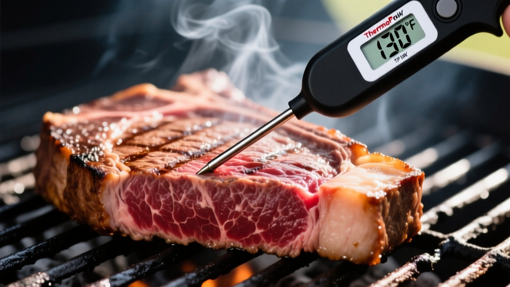 Close-up of a ThermoPro TP19W instant-read thermometer probe inserted into a thick medium-rare ribeye steak on a charcoal grill grate.