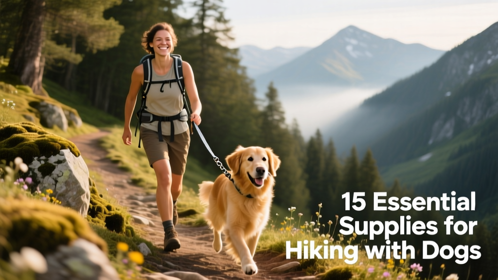 A hiker wearing a hands-free leash, smiling as their dog trots alongside on a sun-dappled mountain trail