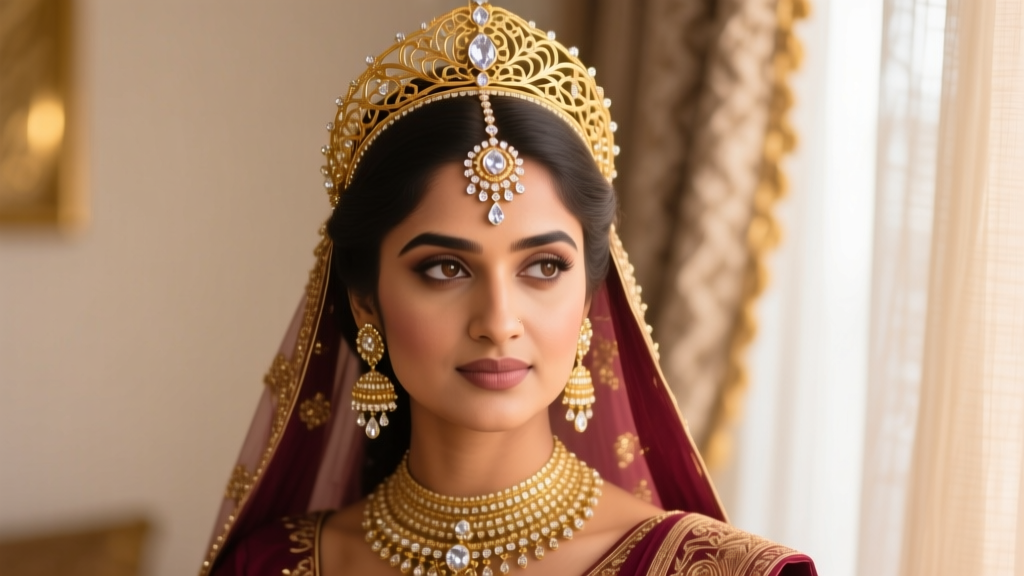 South Asian bride wearing an elaborate 22-karat gold and uncut diamond Matha Patti and Maang Tikka in soft warm bridal lighting