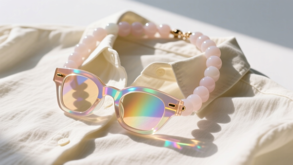 Flat lay of a chunky pastel resin eyeglasses necklace draped over a folded cream linen button-down shirt, bright natural daylight.
