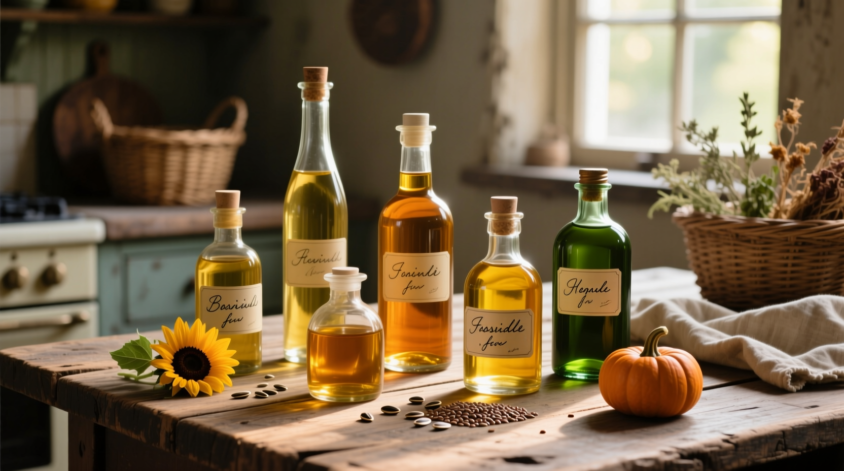 Various seed oils in glass bottles on wooden table