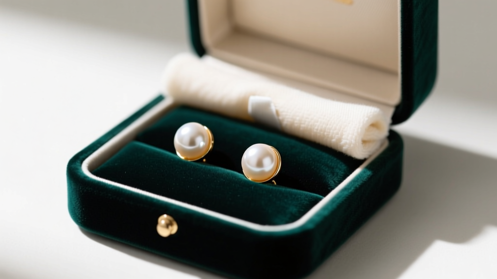 Open velvet jewelry box displaying round Akoya pearl earrings, with a soft microfiber polishing cloth draped gently over the edge.