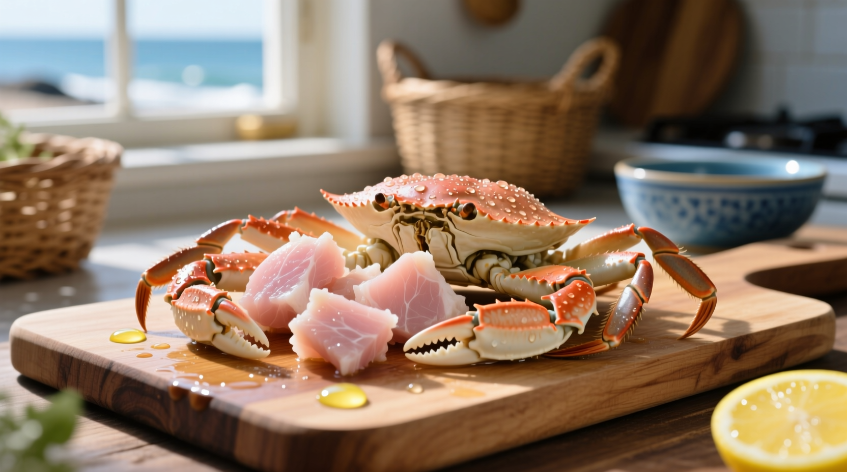 Fresh crab pieces on cutting board