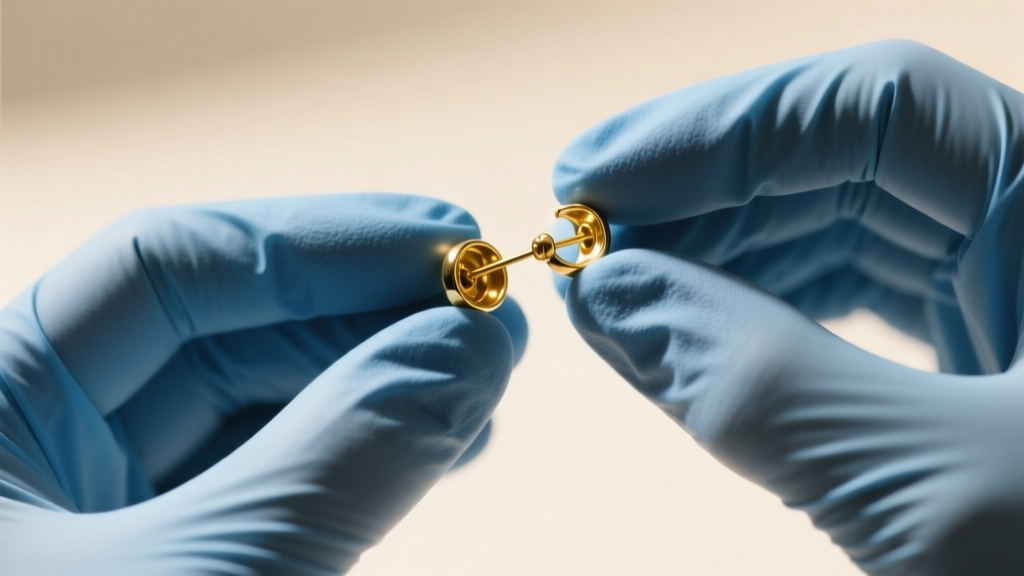 Close-up of hands in blue nitrile gloves carefully gripping a small gold earring backing to unscrew it under bright, focused light.