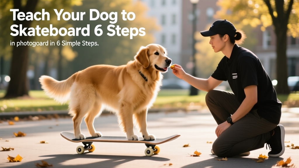 Dog standing centered on a skateboard with handler kneeling nearby offering guidance and treats
