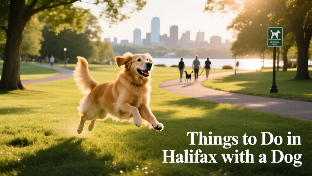 A dog playing joyfully in a sun-dappled, grassy park in Halifax with trees and walking paths in the background