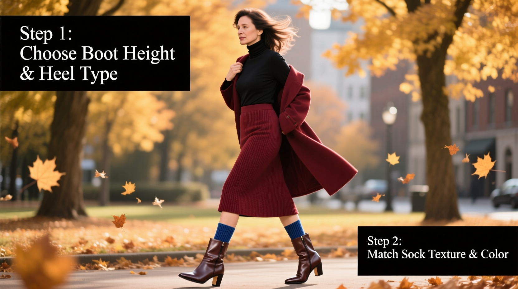 step by step guide to styling ankle boots with midi skirts for fall