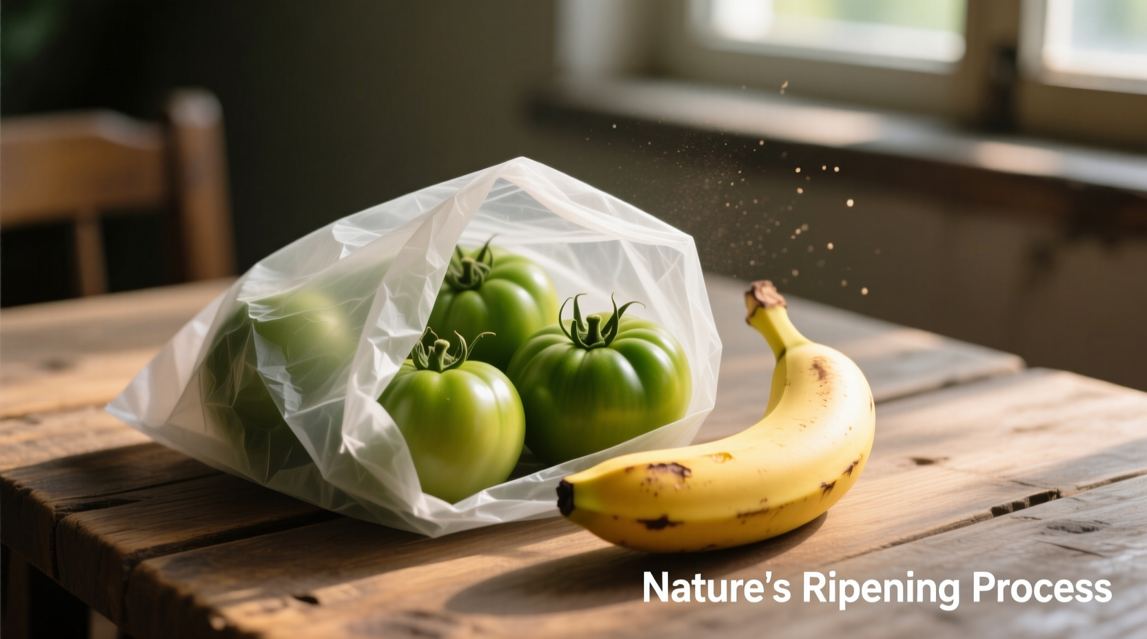 Green tomatoes ripening in paper bag with banana