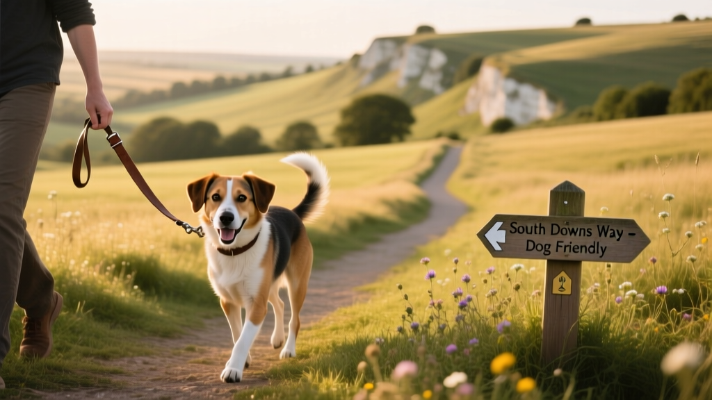 A dog-friendly walking trail along the South Downs near Chichester, with open fields and a relaxed dog on leash