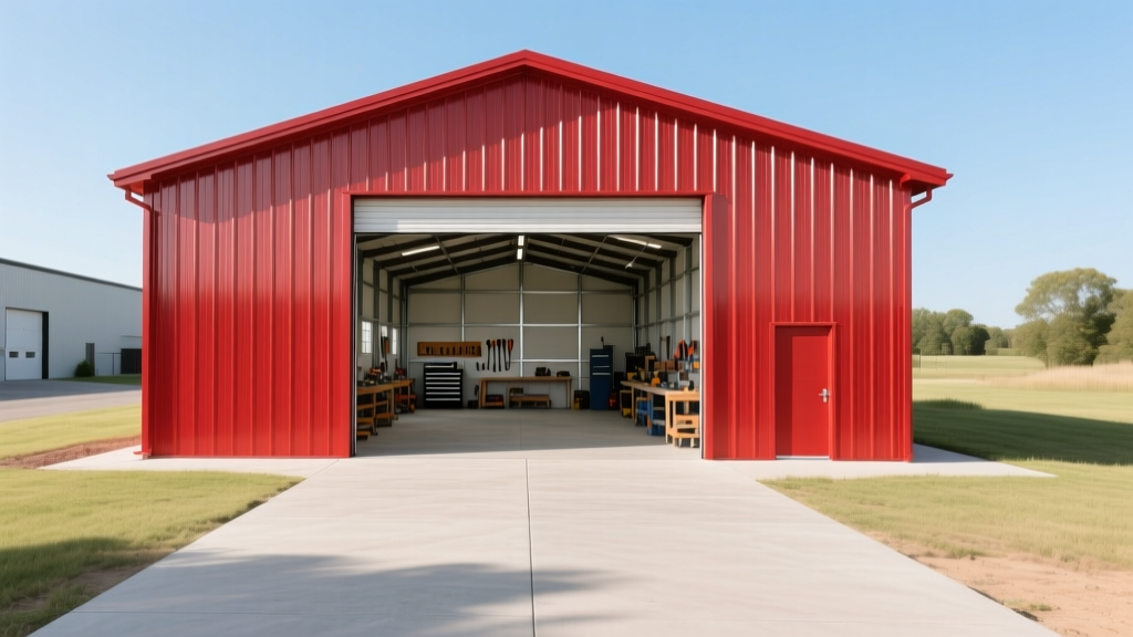 Wide shot of a newly constructed 40x60 red metal workshop building with a poured concrete driveway, open roll-up doors, and framed interior visible