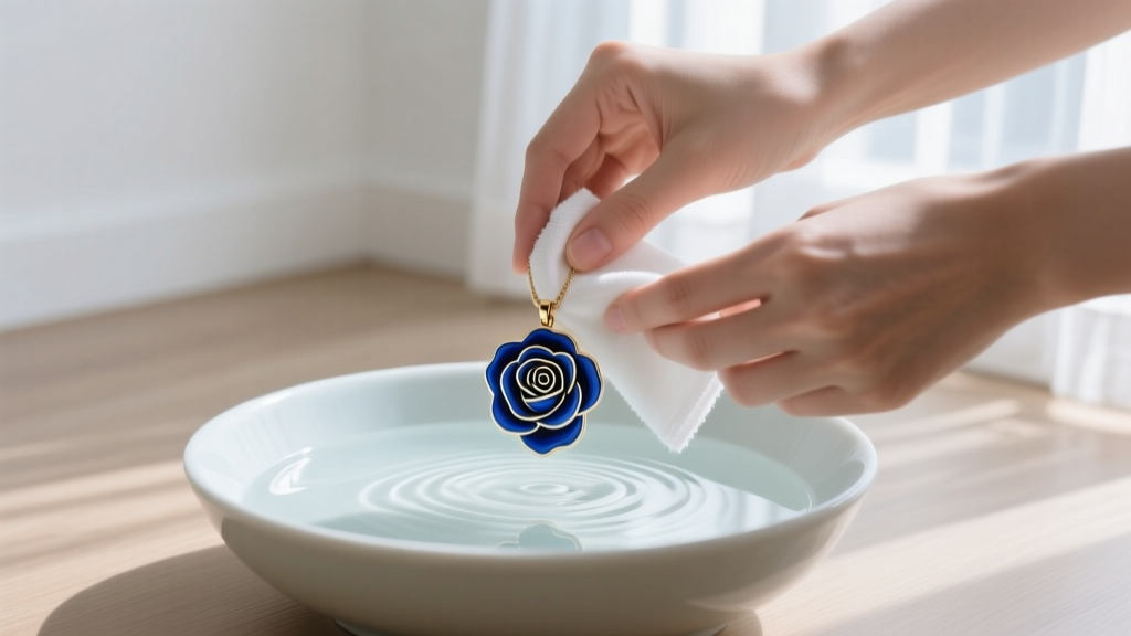 Hands wiping a blue rose enamel pendant with a microfiber cloth, alongside a bowl of mild soapy water in a softly lit room.