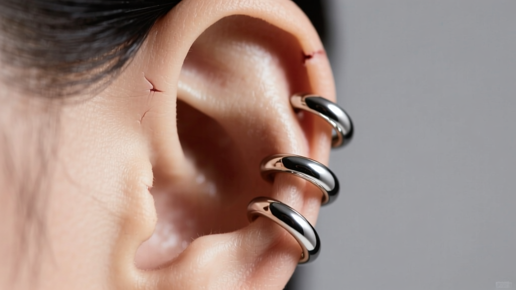 Macro shot of three 16-gauge titanium hoop earrings aligned vertically on a healed ear helix and lobe under soft studio lighting