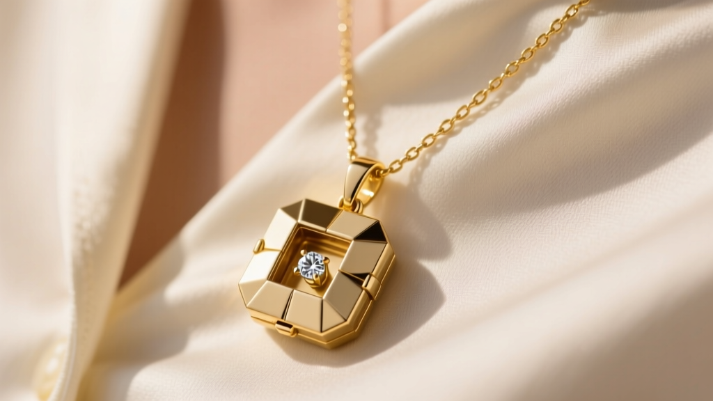 Close-up of an 18k yellow gold necklace of passage featuring a modular locket pendant with a hidden diamond on a silk blouse