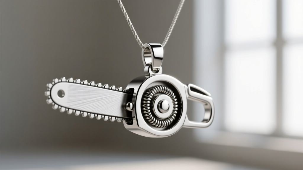 Macro shot of 316L stainless steel chainsaw ripcord pendant highlighting brushed metal finish and precise mechanical spring joint.