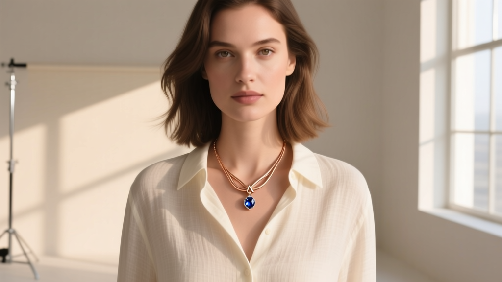 Woman wearing a rose gold adjustable sliding knot necklace with a small birthstone pendant over a cream linen button-down top
