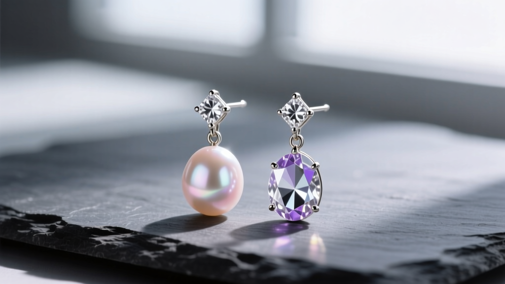Macro shot of pearl and crystal drop earrings on dark slate, highlighting iridescent pearl luster and faceted crystal sparkle.