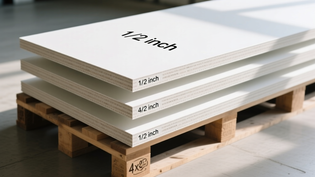 Close-up of stacked 4x8 gypsum board panels on a pallet showing tapered long edges, square short edges, and printed thickness specifications