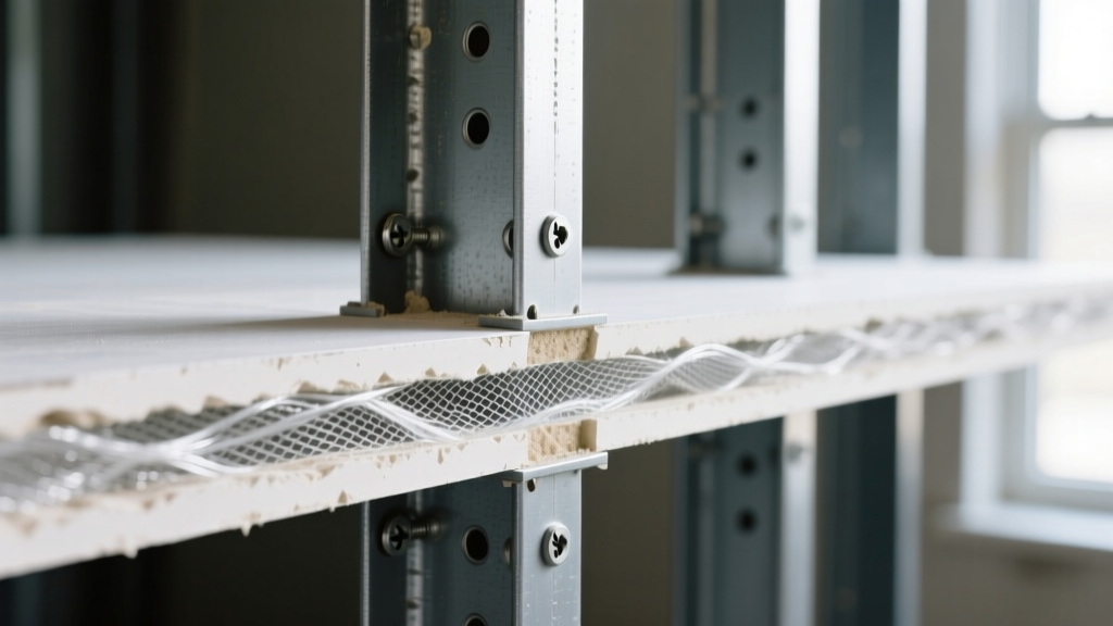 Close-up of 5/8-inch Type X fire-rated gypsum board cross-section showing embedded fiberglass mesh installed on steel wall studs