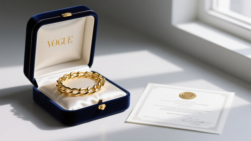 Open navy box from an Italian goldsmith revealing a polished 18k gold chain on silk beside a stamped certificate of authenticity