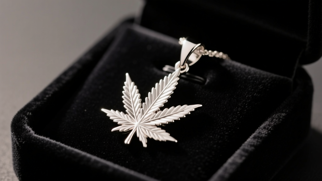 Close-up of a delicate 925 sterling silver weed leaf pendant resting on dark velvet jewelry display tray under warm studio lighting.