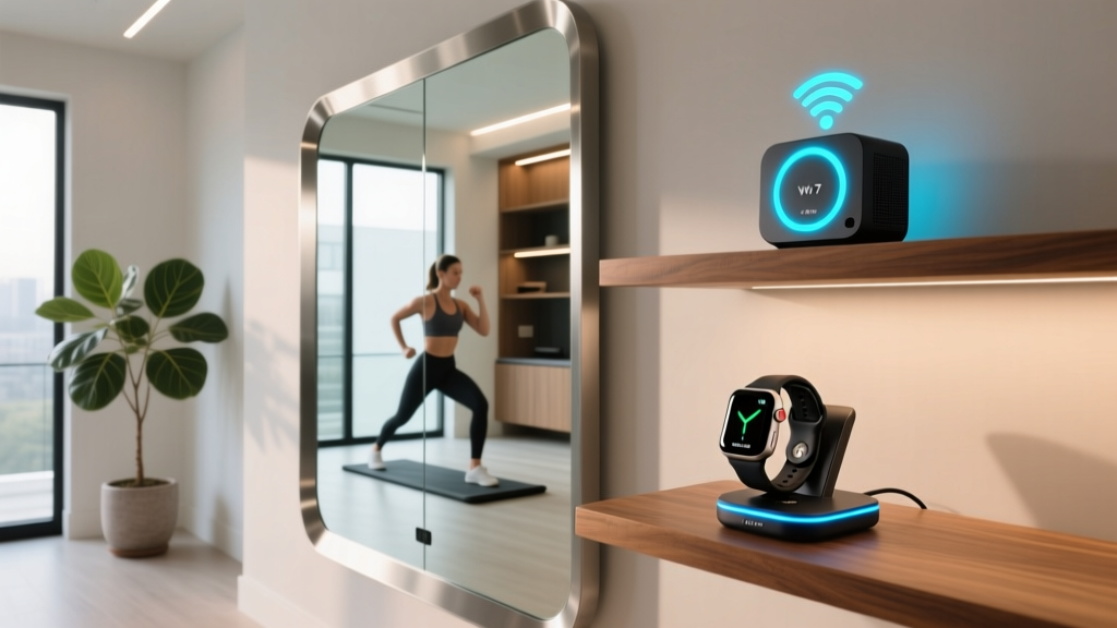 Modern home gym with a sleek Wi-Fi 7 router glowing on a shelf next to a smart fitness mirror and a high-end GPS watch on a charging dock
